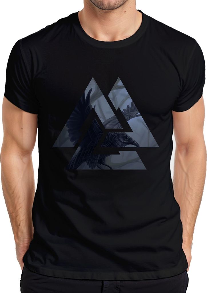 Wikinger Valknut Rabe Nordisch Odin Valhalla Gothic Grunge Herren T-Shirt, Schwarz, L