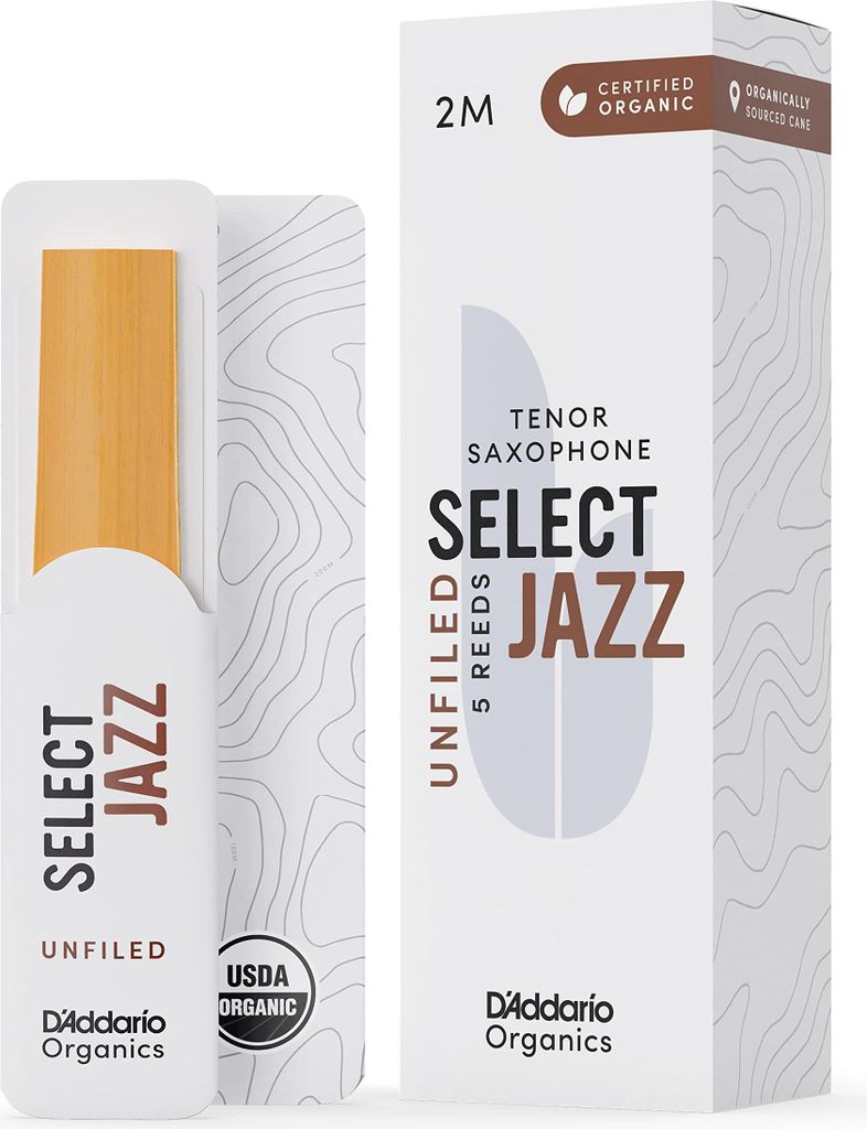 D'Addario Organisch Select Jazz Unfiled Tenor Saxophon-Stimmzungen - Saxophonrohre - Das erste und einzige -Schilfrohr - 2 Mittel, 5 Packung