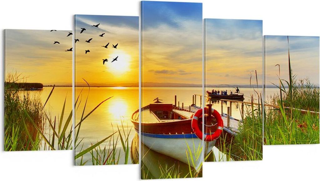 Bild auf Leinwand - Leinwandbild - Boot See Sonnenuntergang Sommer Menschen - 160x85cm - Wand Bild - Wanddeko - Leinwanddruck - Bilder - Kunstdruck...