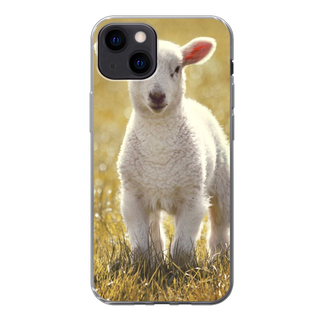 MuchoWow Handyhülle Schutzhülle Hülle für iPhone 13 Lamm - Gras - Sonne Silikon Softcase Handy Hülle - Karteninhaber