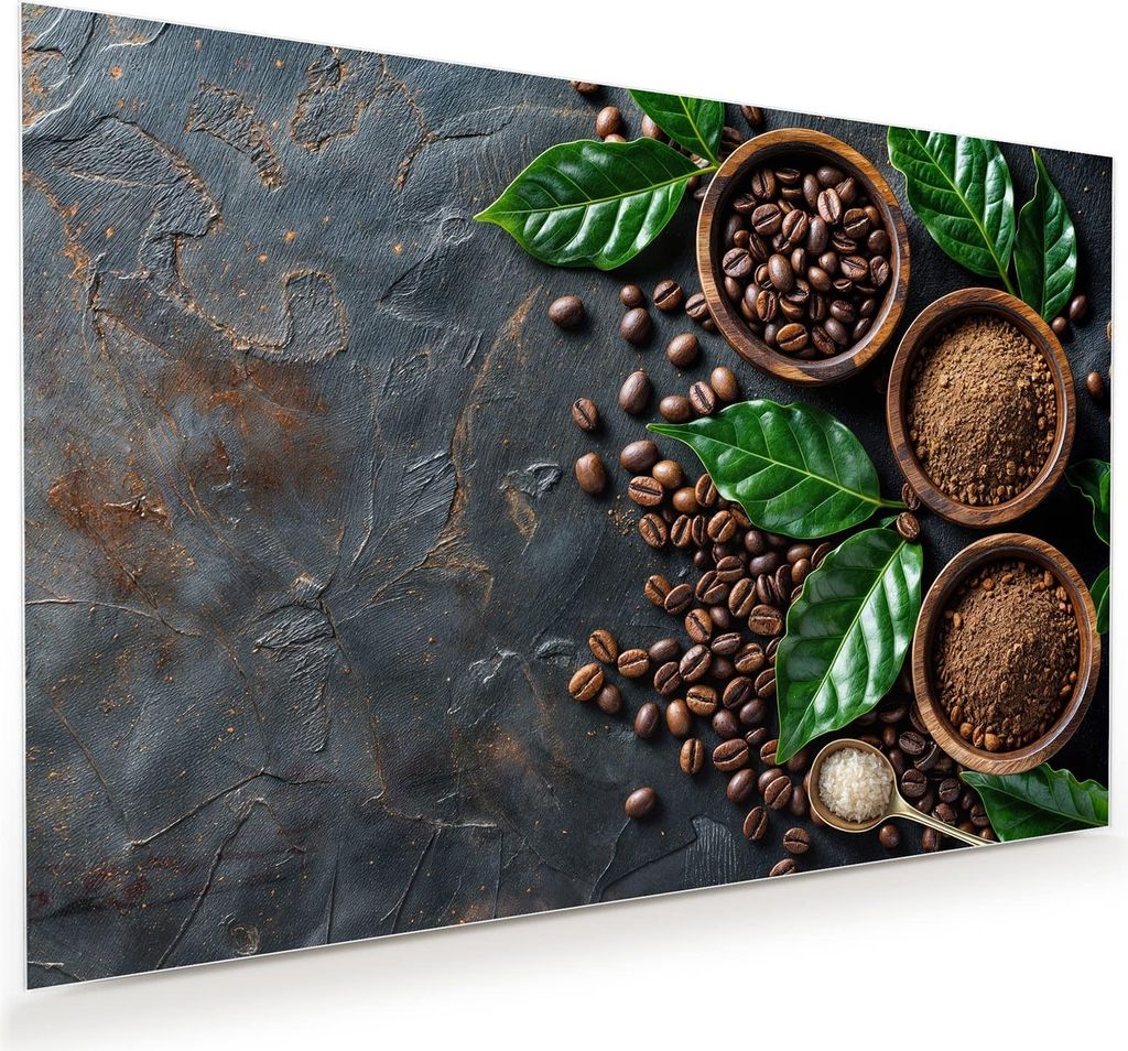 Glasbild 120x80cm in XXL für Wohnzimmer, Schlafzimmer Motiv Kaffeebohnen Und Blaetter