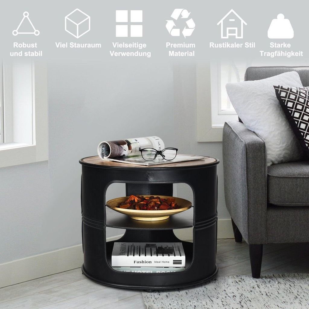 Industrie Couchtisch aus Holz & Metall mit 2 Regalebenen bis 50 kg Belastbar Schwarz