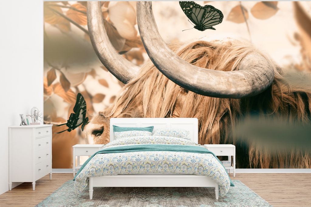 MuchoWow Fototapete für Wohnzimmer oder Schlafzimmer Wandtapete Vinyl Motivtapete Schottischer Highlander - Schmetterlinge - Tiere - 375x280 cm ...