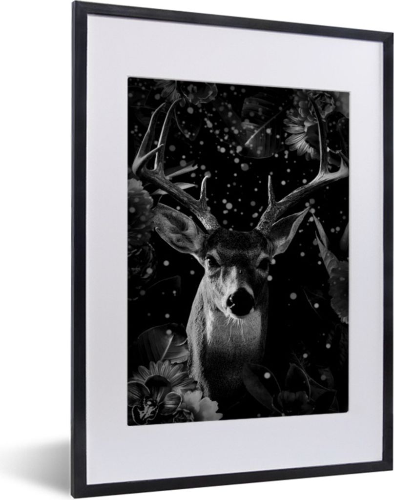 MuchoWow Gerahmtes Poster Botanische Hirsche mit hellen Kugeln vor dunklem Hintergrund - schwarz und weiß 30x40 cm - Poster mit Schwarzem Bilder...