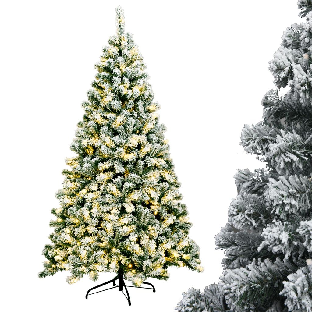 A flocked artificial Christmas tree with warm white LED lights and a metal stand, presented against a white background. A close-up of a similar tree is visible on the right.