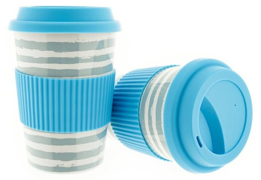 2x Kaffeebecher To Go, Porzellan Coffee to go Becher mit Deckel 350ml ZH4 Blau
