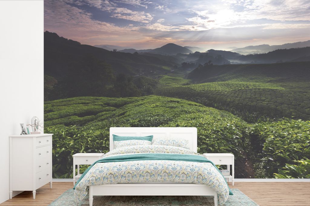 MuchoWow Fototapete für Wohnzimmer oder Schlafzimmer Wandtapete Vinyl Motivtapete Sonnenaufgang über der Teeplantage - 450x300 cm - Gemusterte