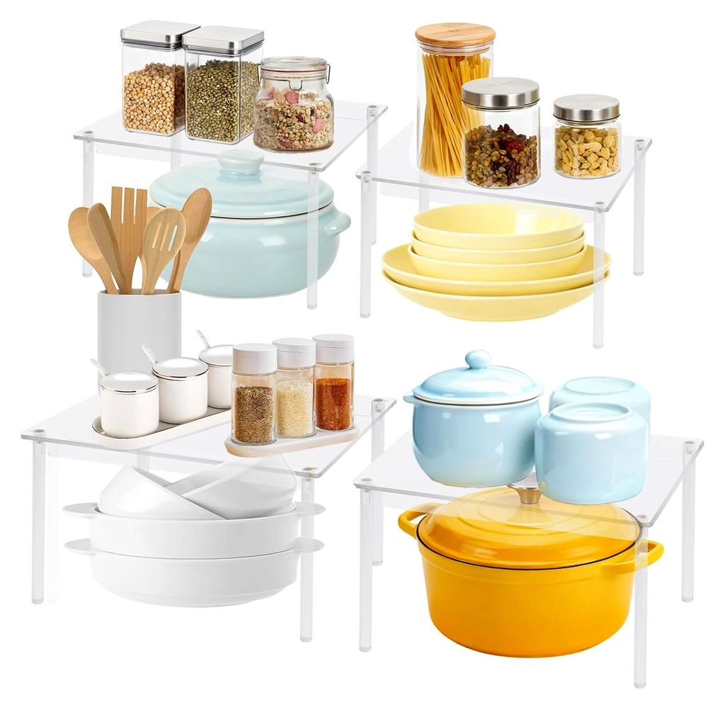 4 Stück Regaleinsatz für Küchenschrank Organizer, Transparente Küchenregale, Schrankregal, Stapelbares Gewürzregal, Tassenregal, Tischregal f...