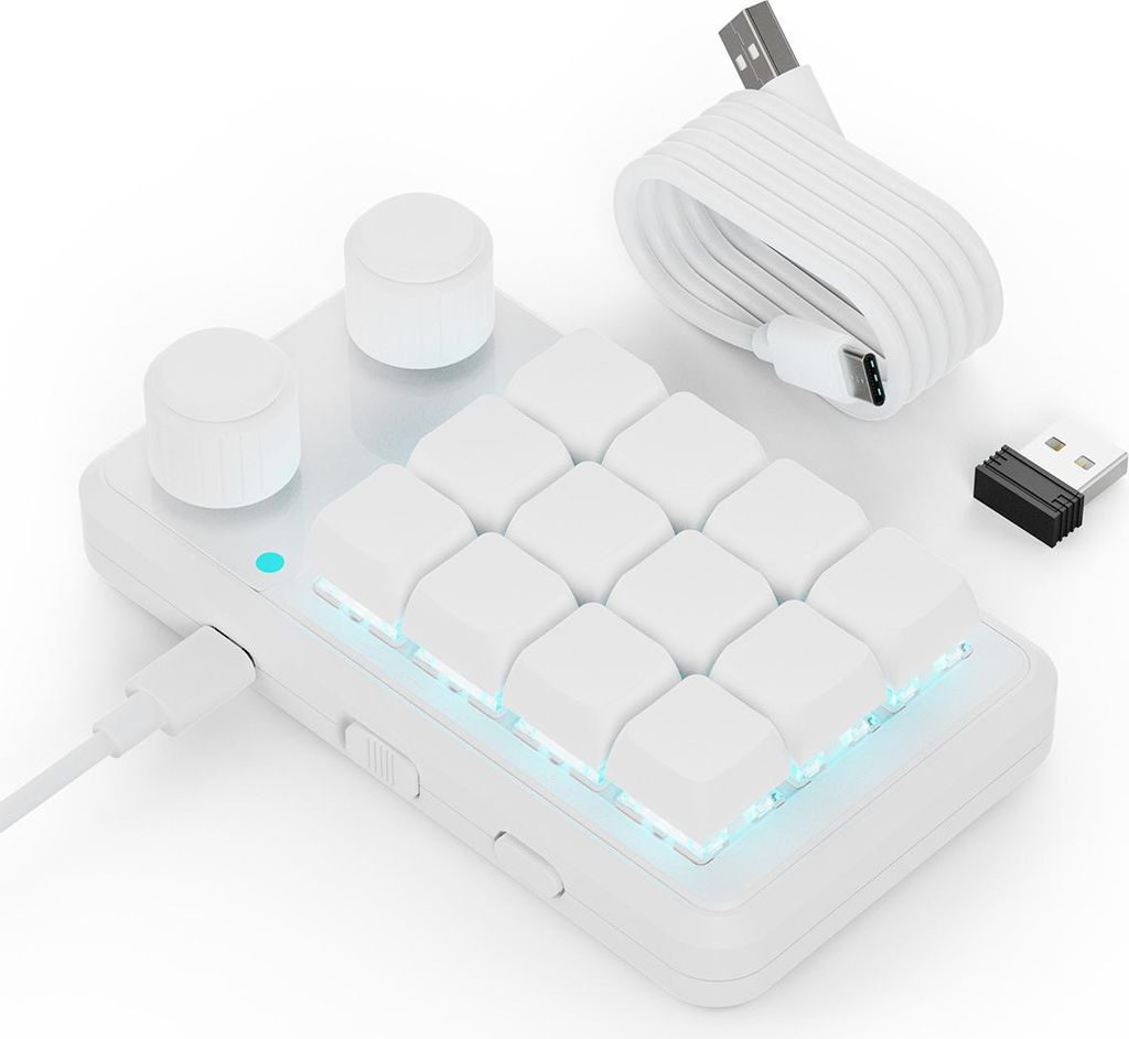Weißes 12-Tasten Tastatur,Bluetooth-Makropad mit Dual-Drehknöpfen & 2.4G-Dongle (Dreifach-Modus)
