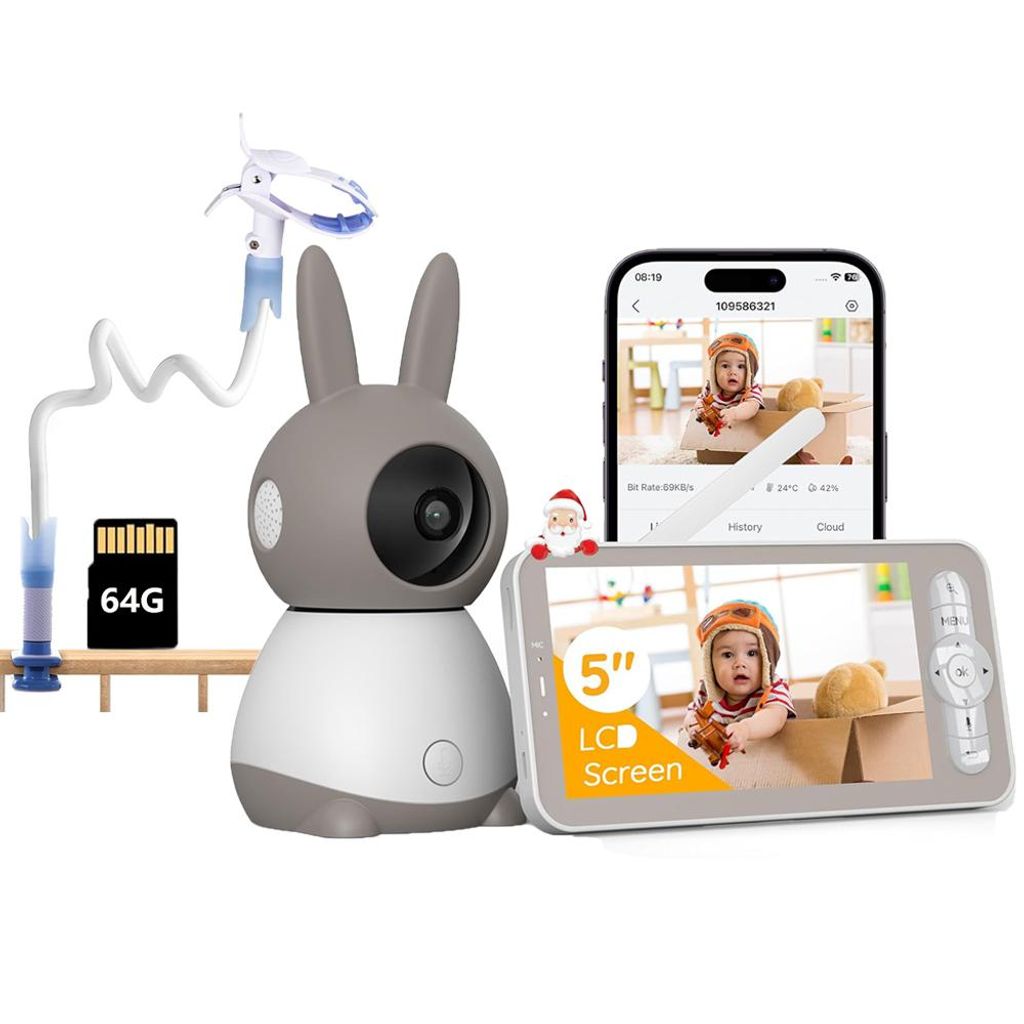 Babyphone mit Kamera 2K 5 Zoll WLAN Video babyfone PTZ IR-Nachtsicht Automatische Verfolgung Weinen/Bewegungs/Geräuscherkennung mit Halterung & 642G