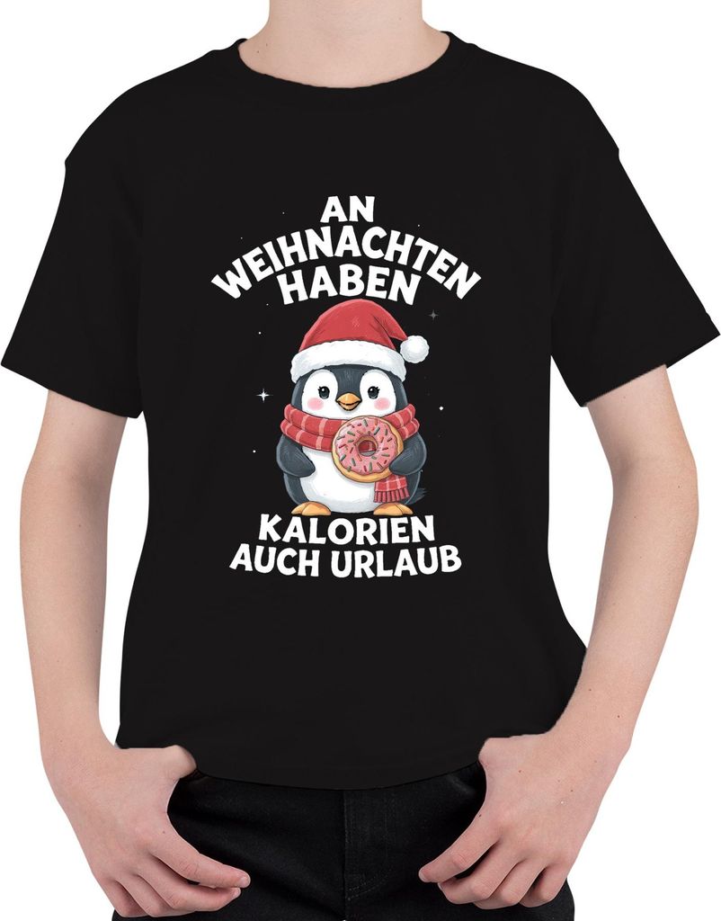 Weihnachts Pinguin Donut Kalorien haben Urlaub Lustig Geschenk Uni Kinder T-Shirt, Schwarz, 128