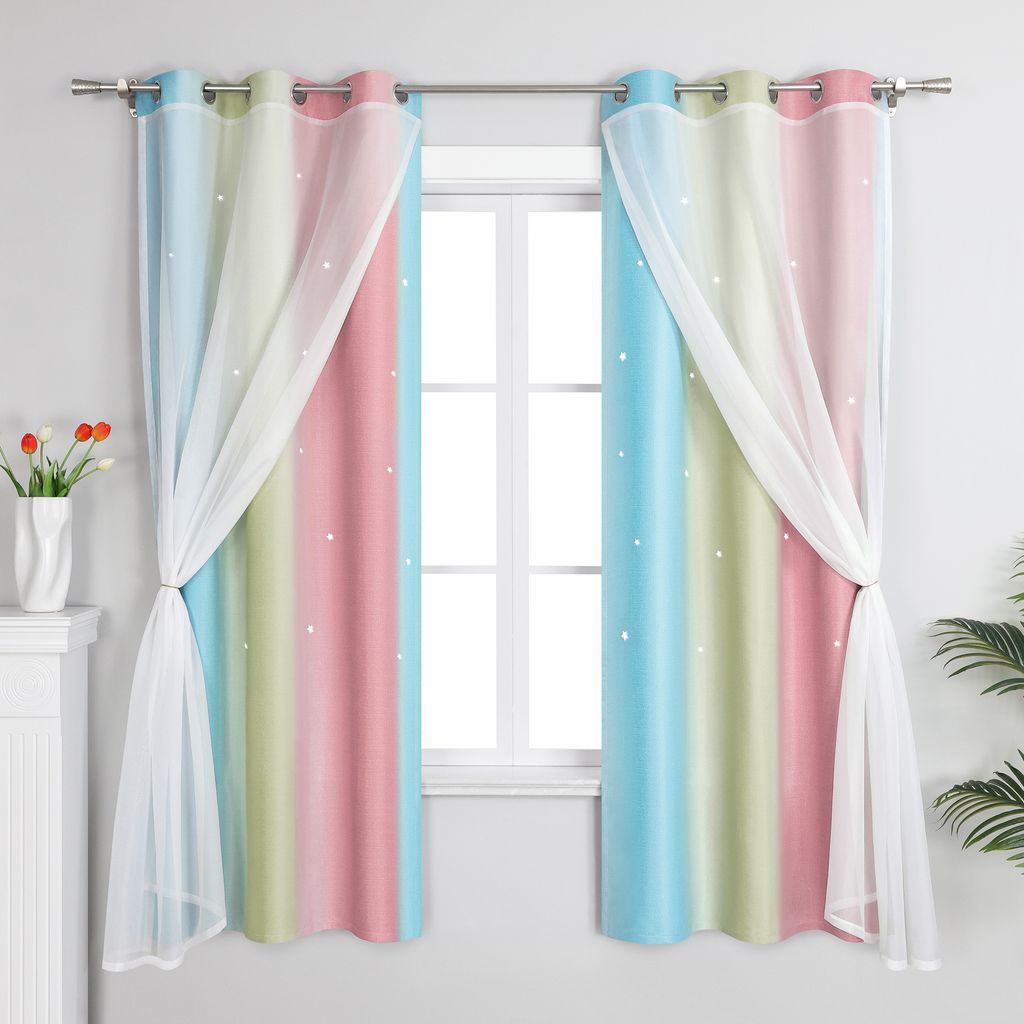 Joyswahl Verdunkelungsvorhänge mit Ösen Sterne Blickdichte Doppelte Gradinen Farbverlauf Thermovorhang für Kinderzimmer BxL 132x160cm Rosa