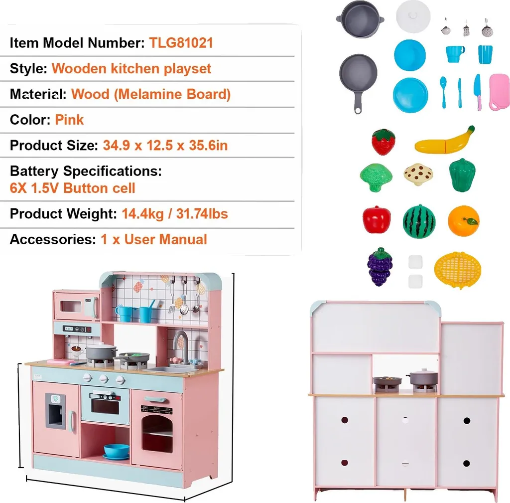 Cuisine enfant avec sons et lumières, 24 accessoires inclus, Rose Pastel