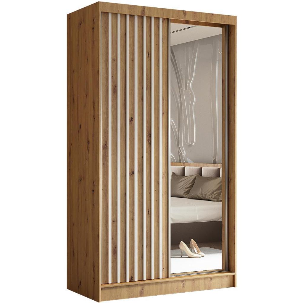 Schwebetürenschrank HELIX II 120 cm Artisan/Weiß – 2-türig Kleiderschrank mit Schubladen, Lamellen & Spiegel & Schiebetüren