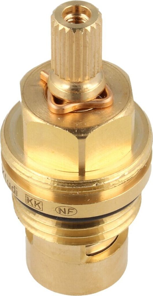 A close-up studio shot of a brass plumbing valve cartridge.