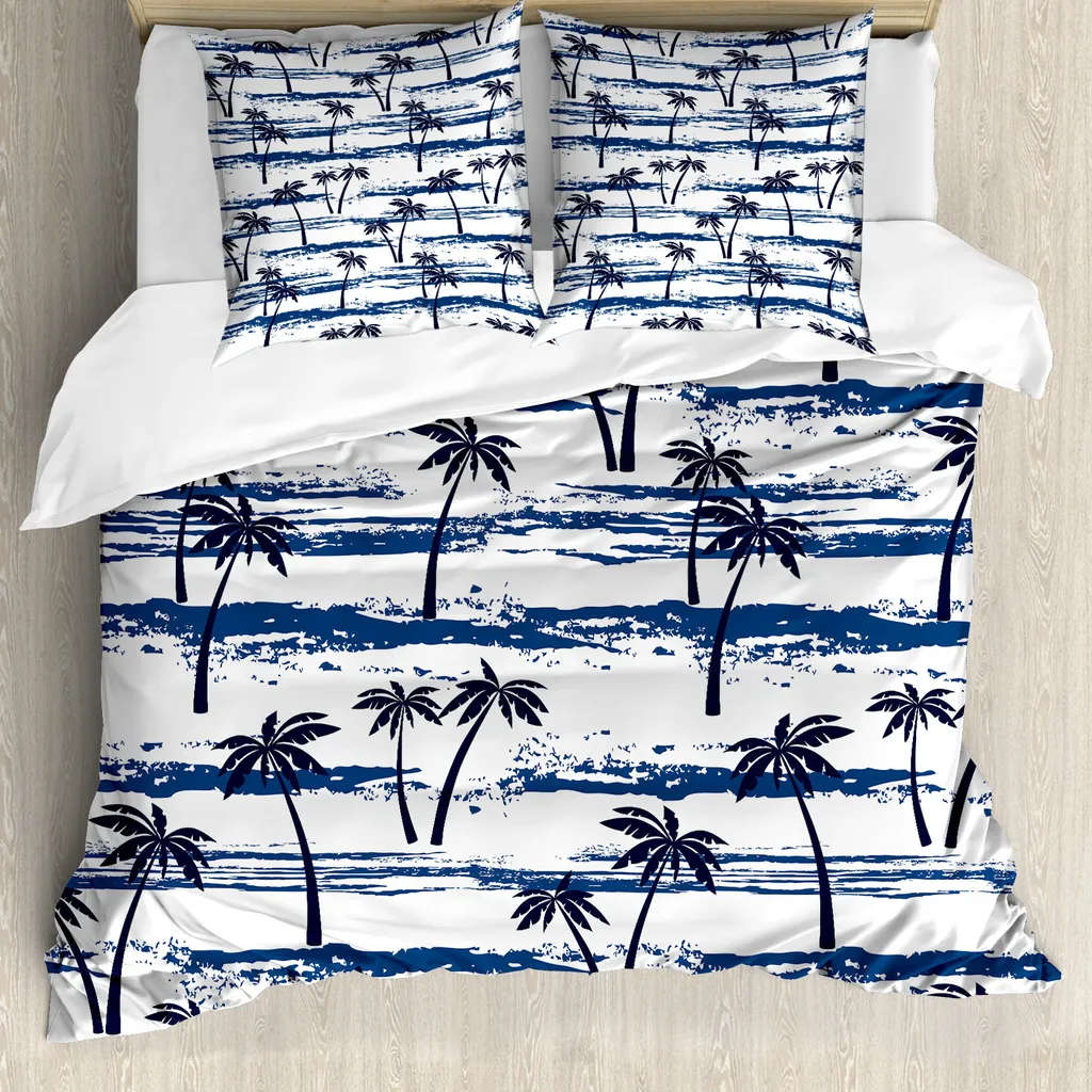 ABAKUHAUS Copripiumino con motivo palme, mare romantico e palme, antiacaro, adatto a chi soffre di allergie, con federe, 200 cm x 200 cm - 80 x 80 cm, blu navy