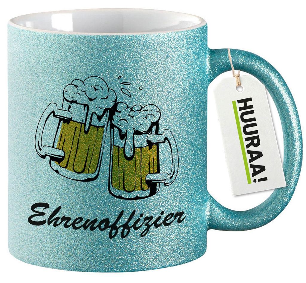 Huuraa Glitzertasse Ehrenoffizier Schützenfest 330ml Blau Keramik Kaffeebecher Geschenkidee