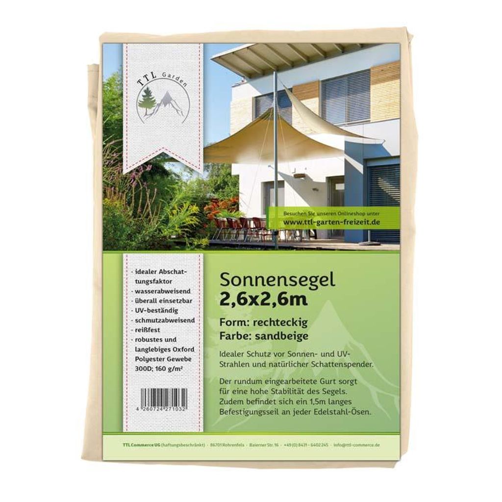 TTL GARDEN Sonnensegel 2,6x2,6m Quadrat beige 300D UV Produktbild 