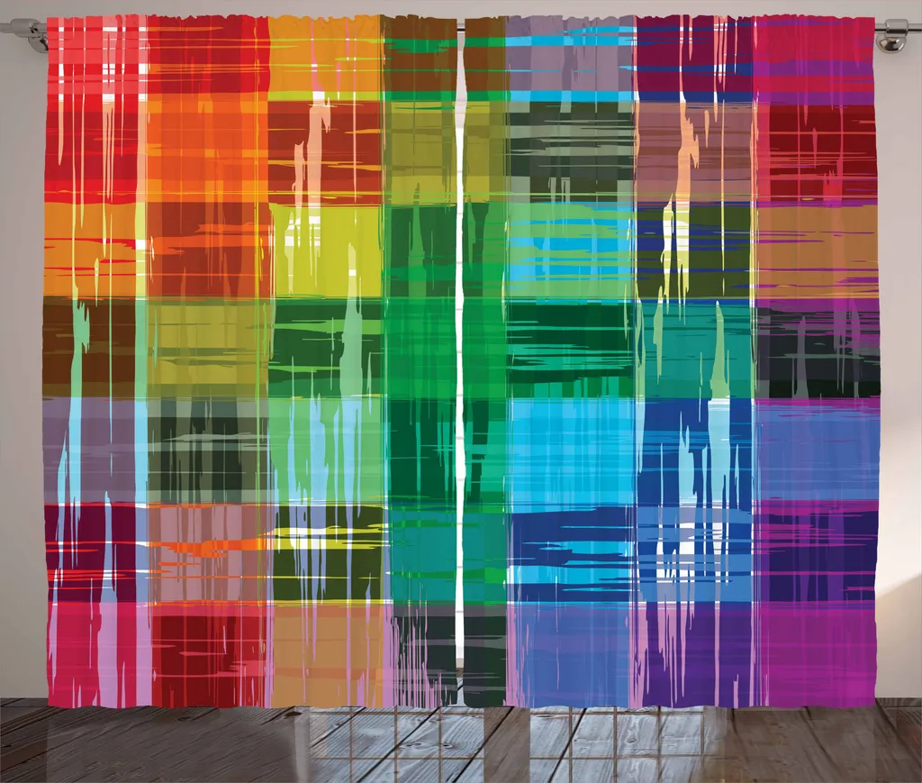 ABAKUHAUS Anno Rainbow Tenda rustica, motivo artistico a quadri, tenda con passanti e ganci per camera da letto, 280 x 175 cm, multicolore