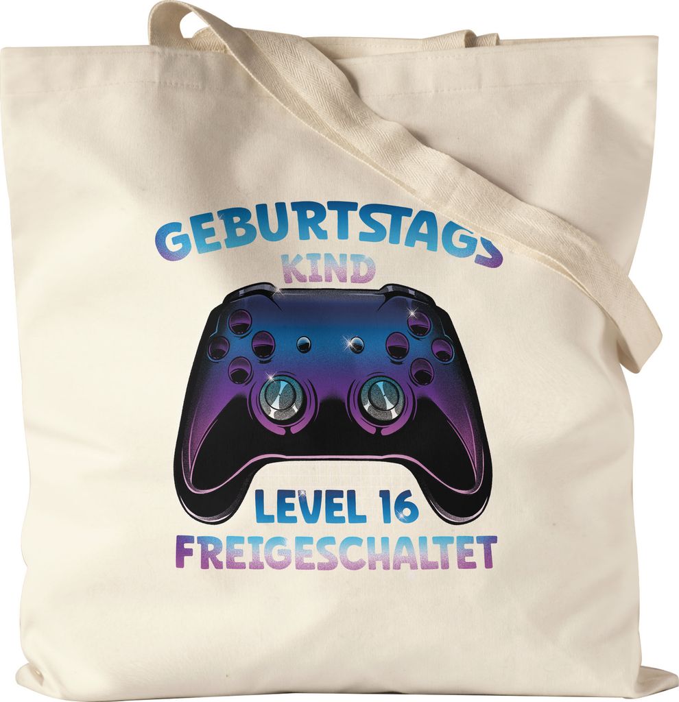 Geburtstagskind Level 16 Freigeschaltet Jutebeutel Produktbild 