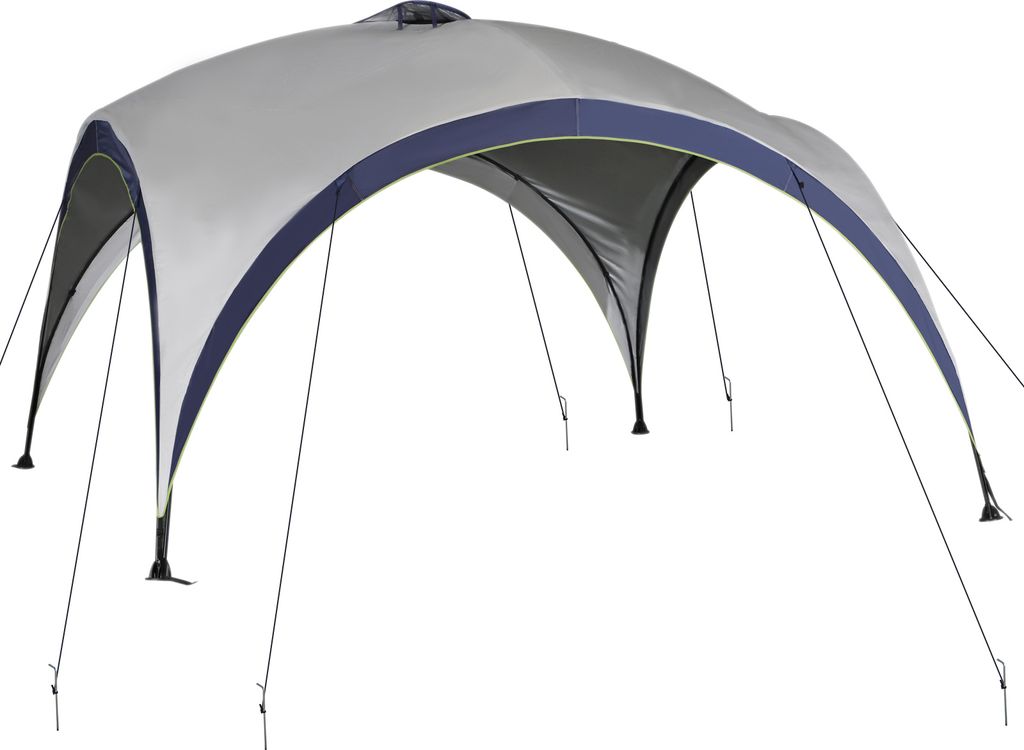 A gray and blue outdoor gazebo or tent structure with multiple support poles and guy lines, set against a plain white background.