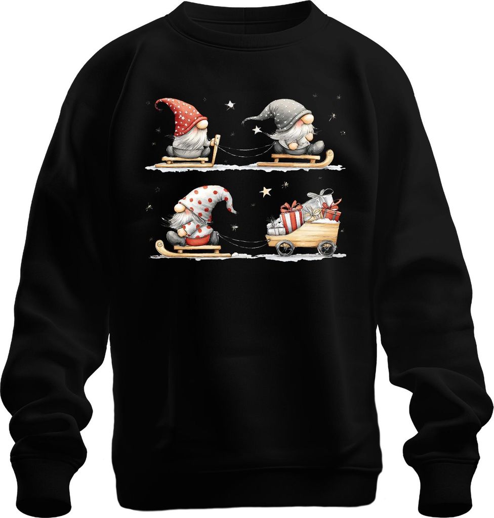Weihnachtswichtel Schlitten Geschenke Sterne Schnee Niedlich Uni Sweatshirt Pullover, Schwarz, XL