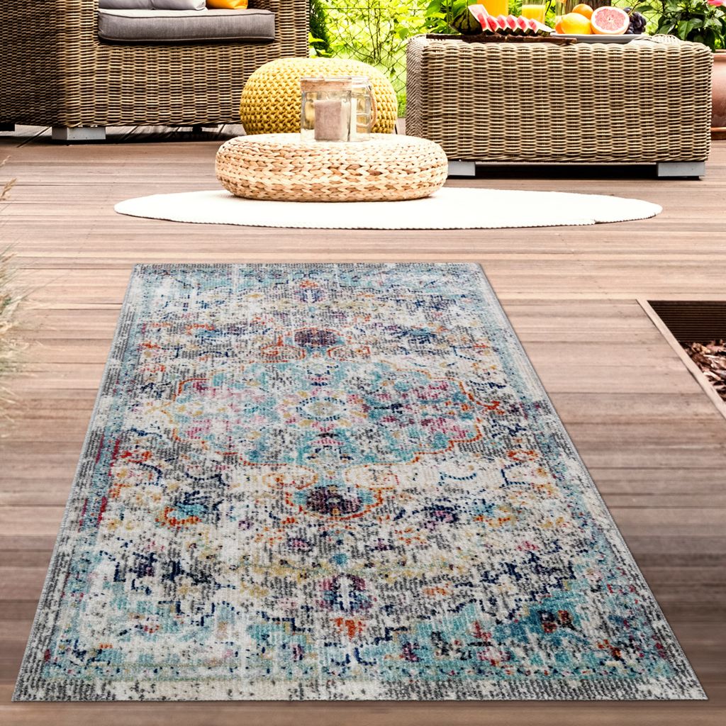 Teppich Outdoor Orientteppich Ornamente Wohnzimmerteppich Vintage in grau blau Größe - 80 x 150 cm