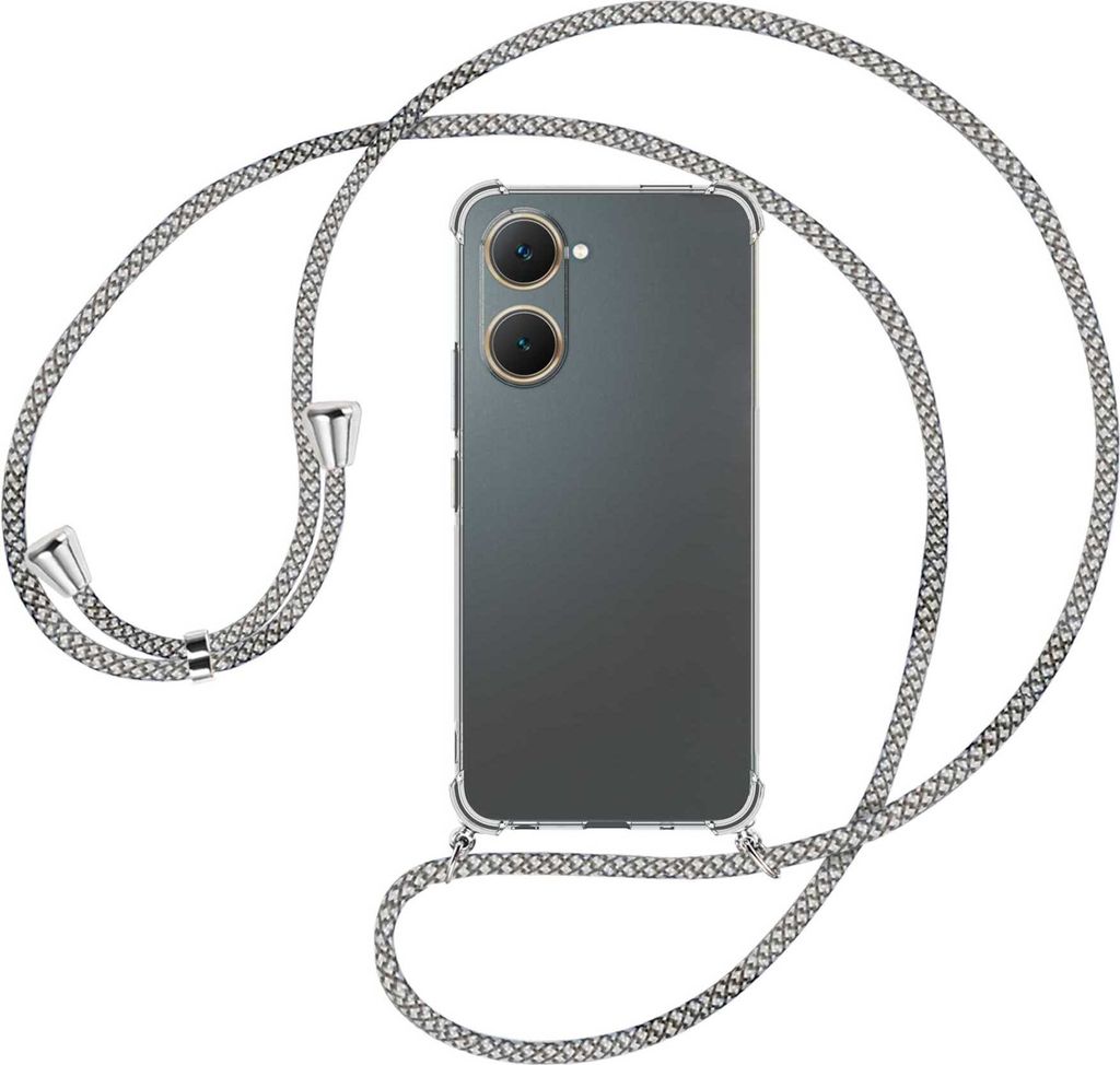Handykette Backcover-Schutzhülle mit Band (Metall silberfarben) für vivo Y03 4G - weiß/grau kariert