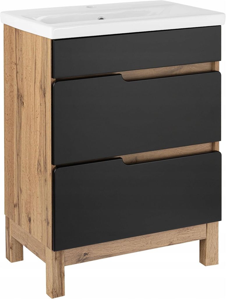 VBChome Badezimmerset 61x87x40 cm Schwarz Eiche Wotan Keramikwaschbecken und Unterschrank 2 Schubladen Soft-Close System Modernes Design