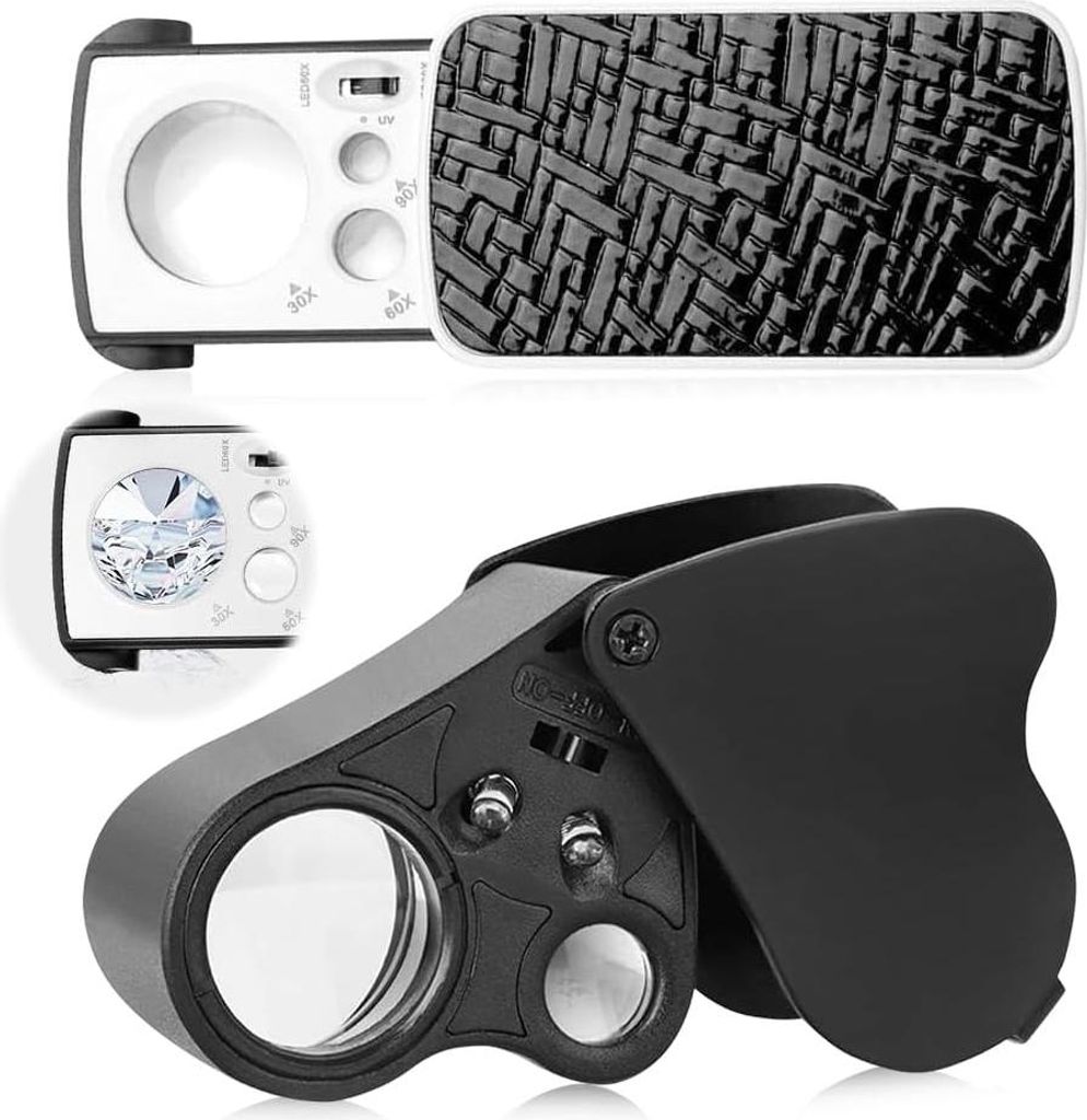 2 Stück Juwelierslupe mit LED- und UV-Licht – 30x 60x 90x Vergrößerung – Beleuchtet für Edelsteine, Münzen, Briefmarken und Antiquitäten