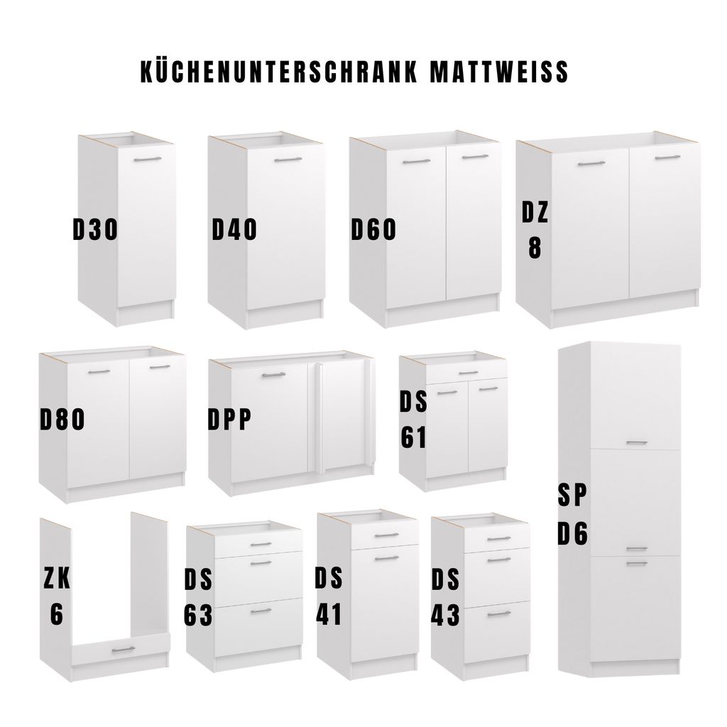 A collection of white kitchen base cabinets with labels indicating their model numbers.
