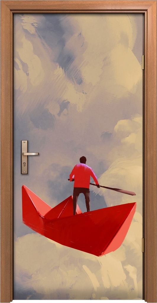 Türposter 90x200 cm Türaufkleber Türtapete Türfolie Klebefolie Männer auf Papierbooten in den Wolken