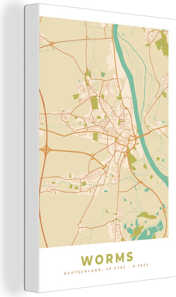 OneMillionCanvasses - Leinwandbilder - 90x140 cm, Karte - Worms - Stadtplan - Vintage, Wandbilder Kunstdruck Wanddekoration - Foto auf Leinwand -...