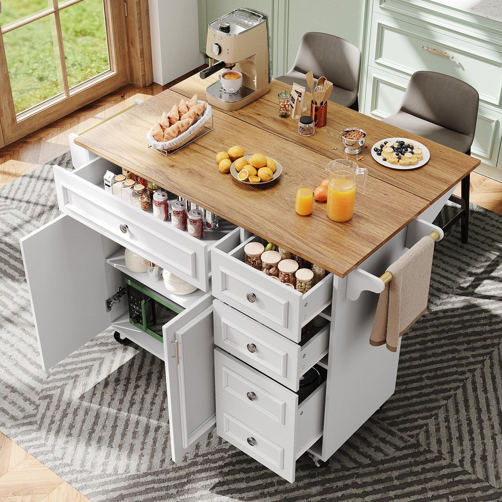 okwish Küchenschrank als Abnehmbare Servierwagen,Kücheninsel mit Speicherraum und Vintage-Muster,Multifunktionaler Esszimmerschrank mit 5 Schubla...