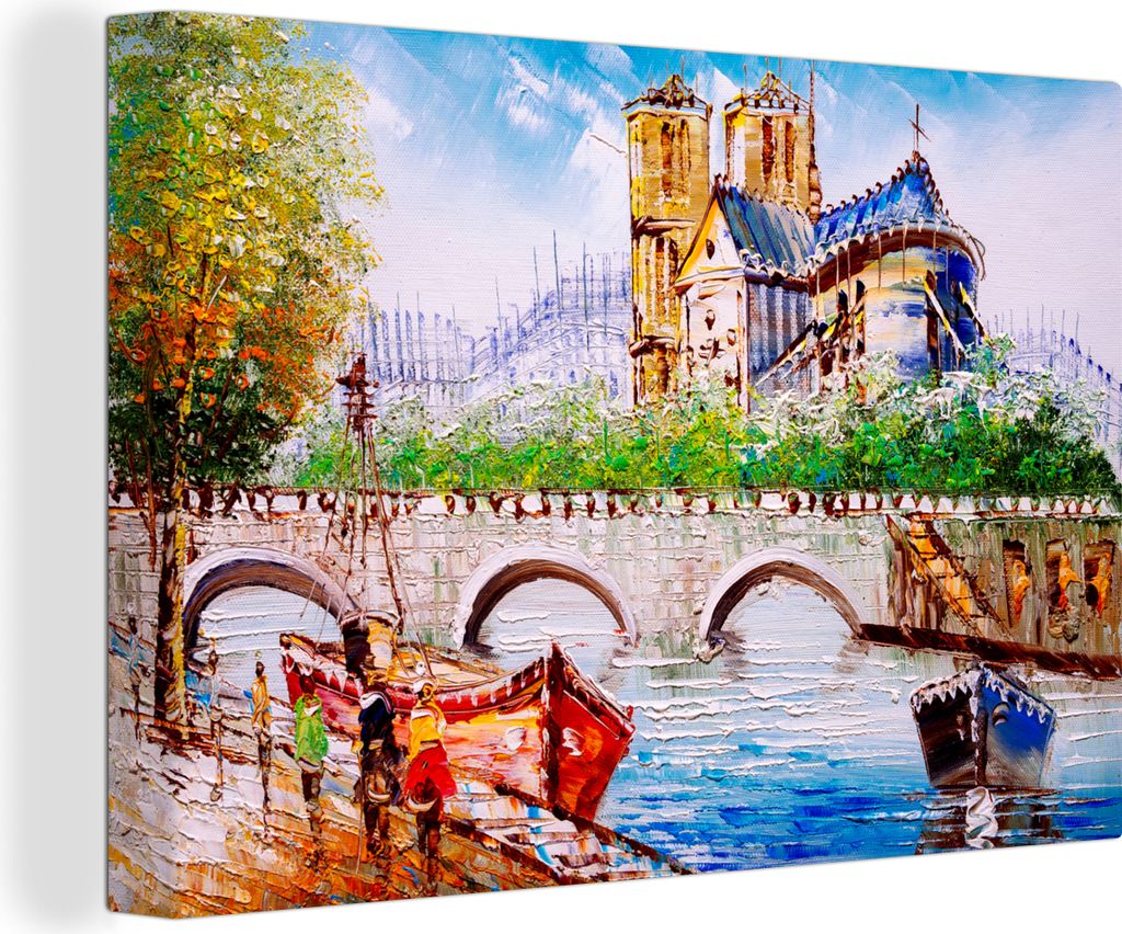 OneMillionCanvasses - Leinwandbilder - 150x100 cm, Gemälde - Paris - Boot - Brücke, Wandbilder Kunstdruck Wanddekoration - Foto auf Leinwand - ...