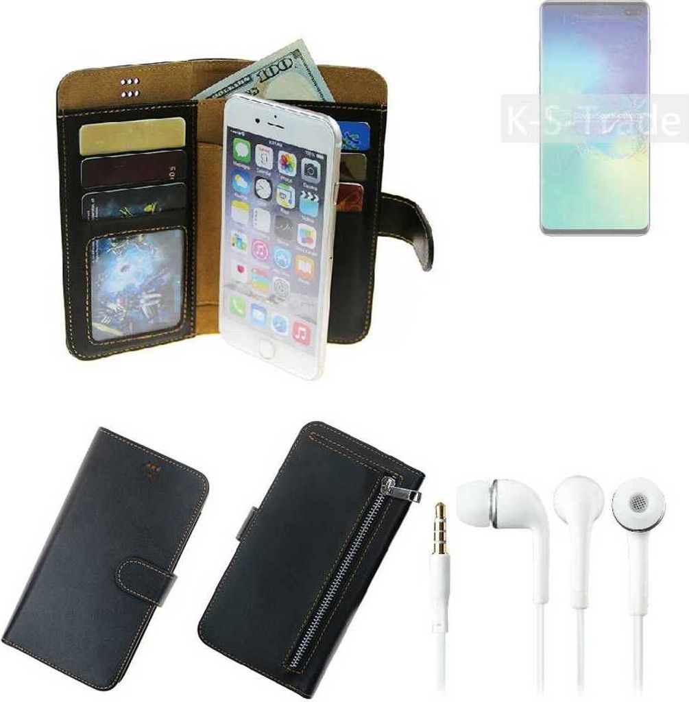 TOP SET Handy Hülle Schutz Hülle kompatibel mit Samsung Galaxy S10+ SD855 schwarz aus Kunstleder + Kopfhörer Smartphone Tasche vollwertige