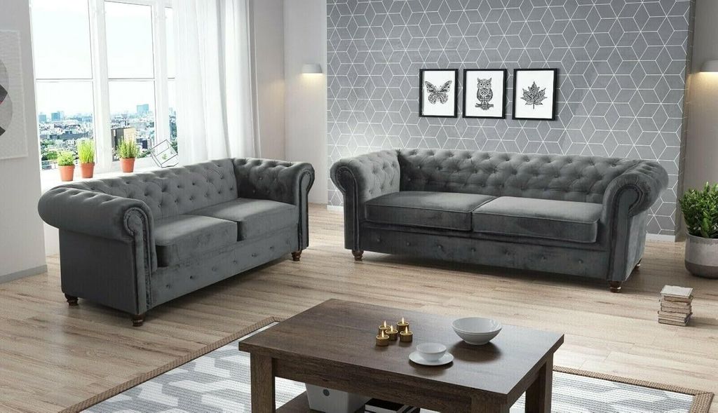 Easy4You Chesterfield Dunkelgrau Set 3-Sitzer + 2-Sitzer Sofa Sofas für Wohnzimmer Sofagarnituren mit Holzfüße Set Sofas & Couches