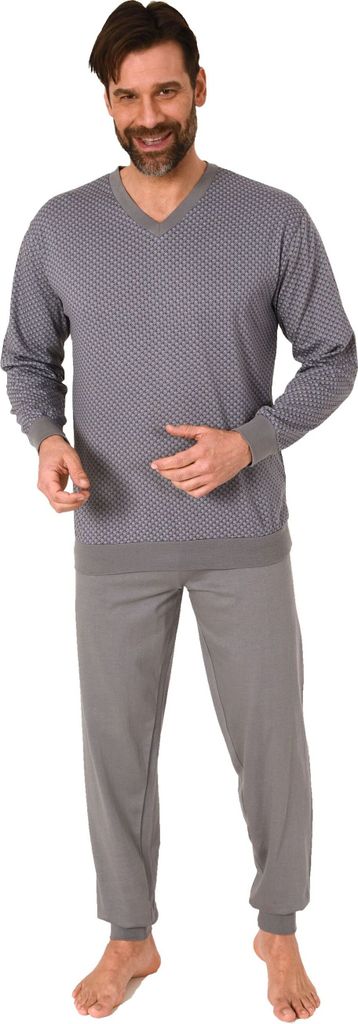 Herren langarm Schlafanzug mit Bündchen Pyjama in eleganter Minimalprint Optik ; grau , 54