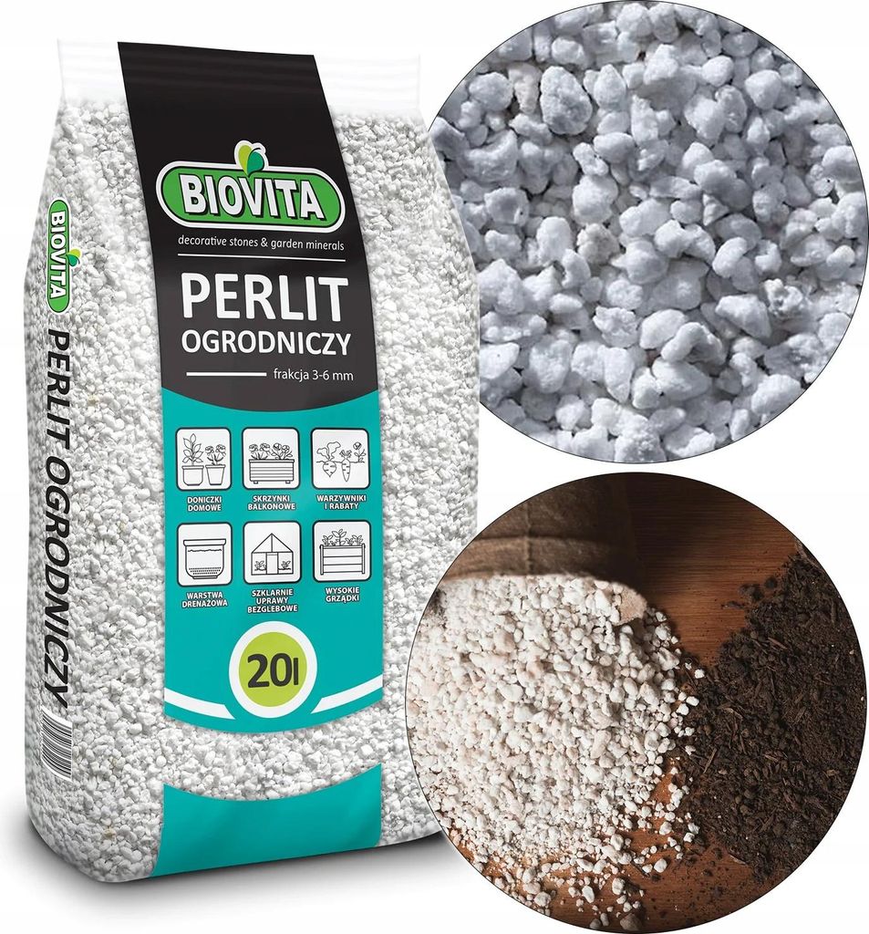 A bag of perlite for plants, with close-up insets of the perlite material and a mix of perlite and soil.