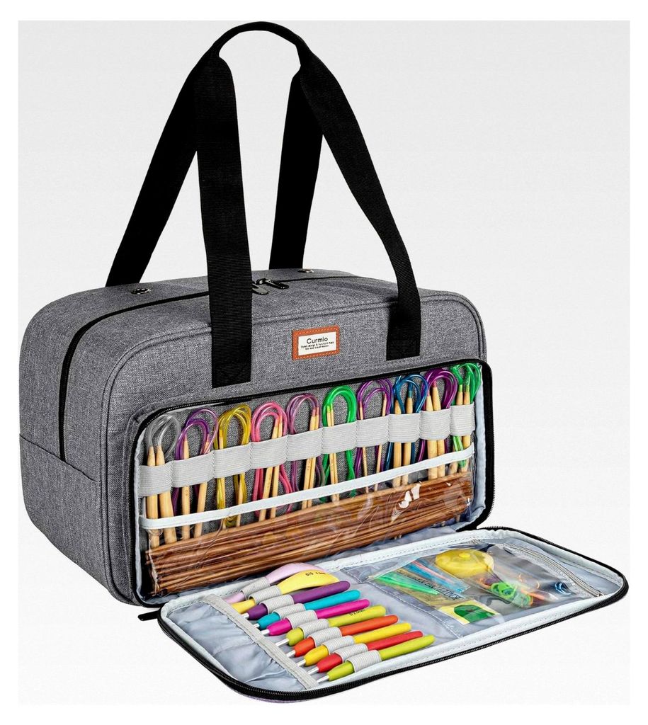 Wollaufbewahrungstasche, Stricktasche für Garn, Tragetasche für Strickprojekte, Häkelnadeln und weiteres Zubehör, Grau
