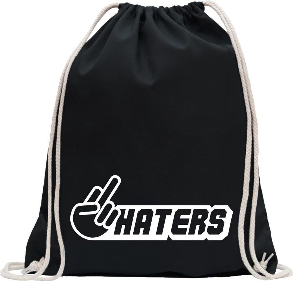 Kiwistar - Turnbeutel - schwarz - Haters - Fun Rucksack Sport Beutel Gymsack Baumwolle mit Ziehgurt