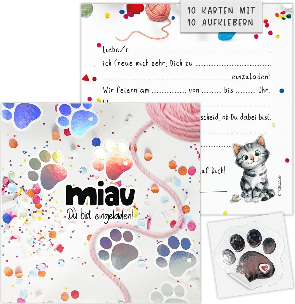 XXL Einladungskarten Katze Konfetti 10er Set 14,8x14,8cm inkl Sticker Silberfolie Tatze