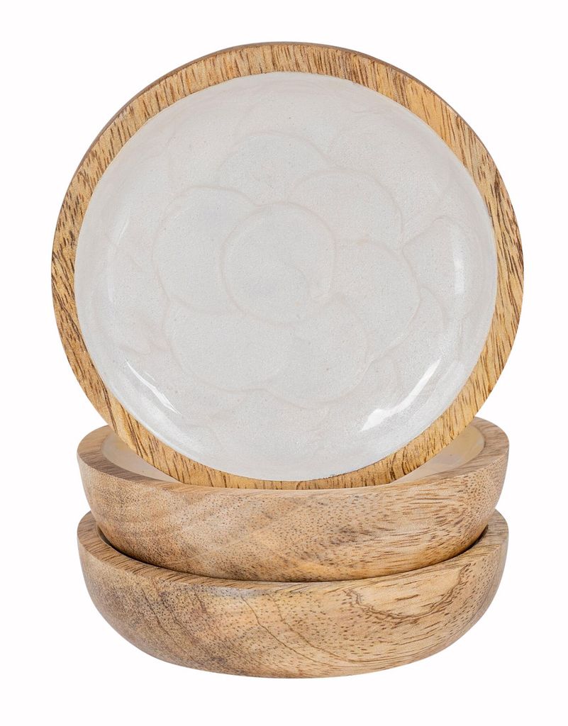 3er Set Teller 10cm Mango Holz Creme Perlmutt Emaille Snacks Dip Schale Tischdeko Ablage Holzteller Deko Fingerfood