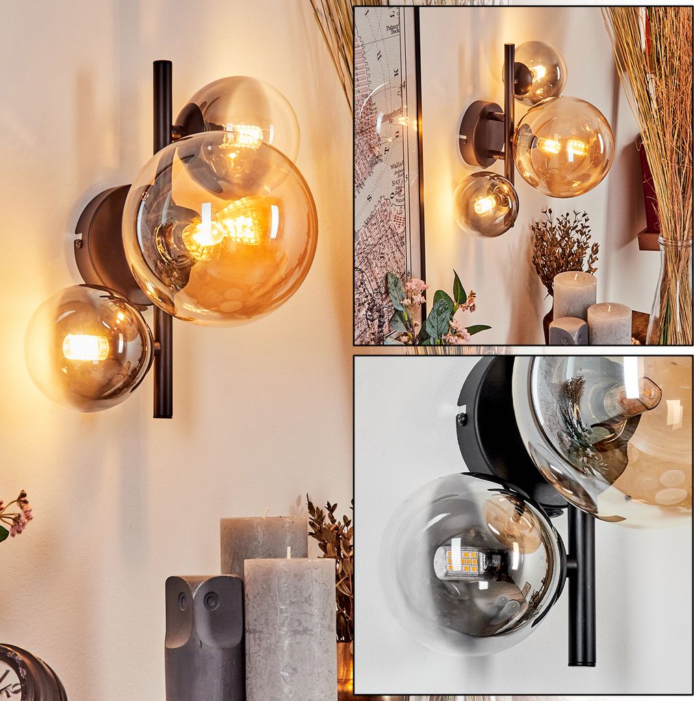 Isorella Wandlampe aus Metall/Glas in Schwarz/Rauch/Klar/Bernstein