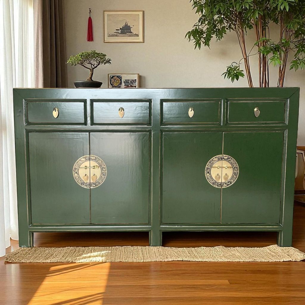 Sideboard Kommode Schrank Anrichte Büffet Asia Möbel aus Holz grün chinesisch asiatisch orientalisch Vintage Stil komplett montiert
