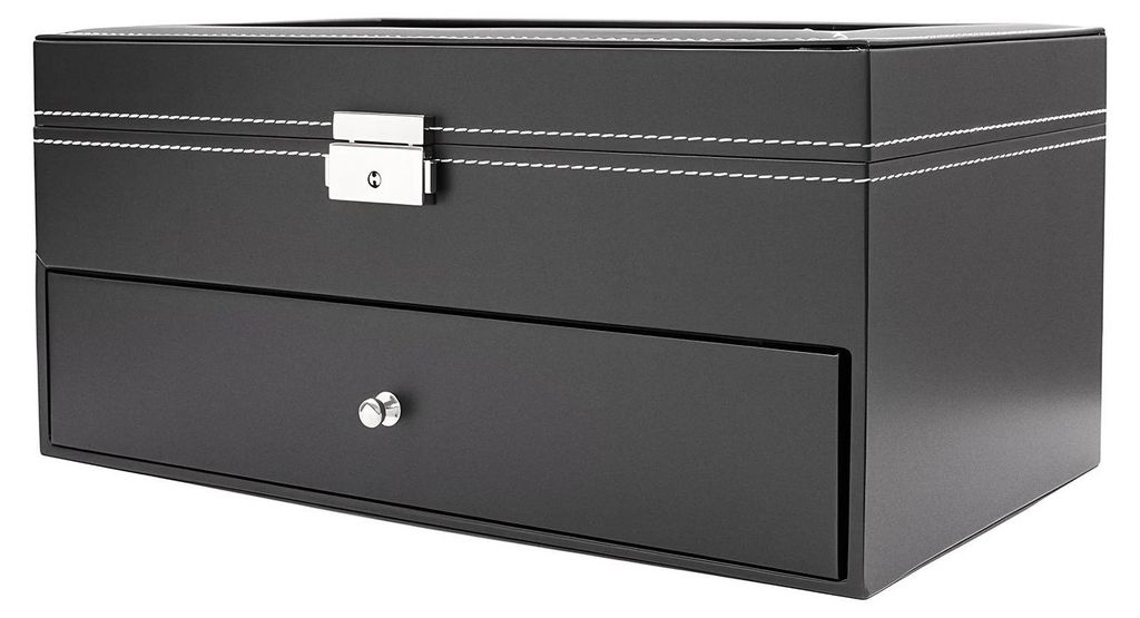 Uhren- und Brillenbox - Aufbewahrungsbox - 2 Etagen - 6 Uhrenfächer - 9 Brillenfächer - Kunstleder - Glasdeckel - 33,5×19×15,5 cm - Schwarz