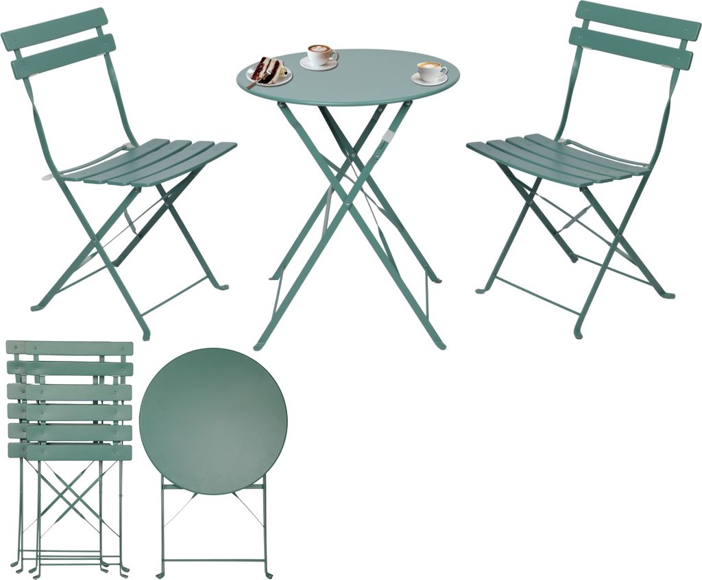 A set of green metal bistro furniture, including a round table and two chairs, displayed on a white background. The set is shown in both assembled and folded states.