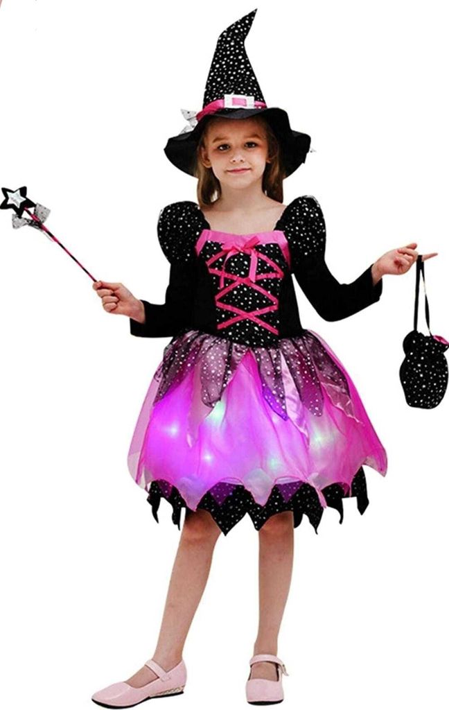 Hexenkostüm Mädchen 4-teilig - Mit Hut, Zauberstab & Bonbontüte