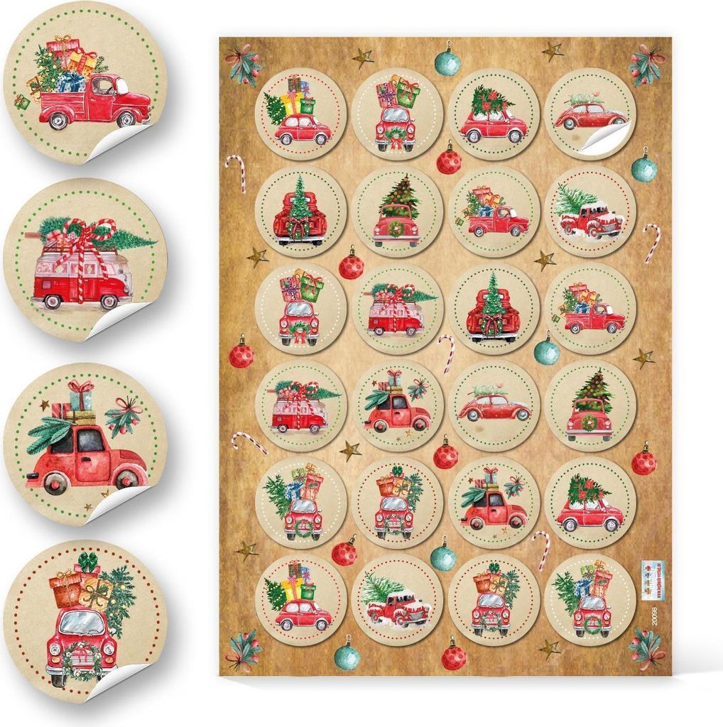 Logbuch-Verlag 24 runde Aufkleber mit weihnachtlichen Autos beige rot grün - Weihnachtstrucks Sticker für Kinder2 Bögen / 48 Aufkleber