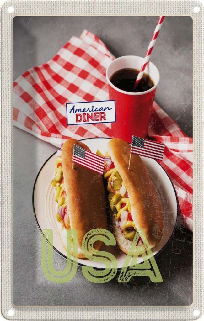 vianmo Blechschild 18x12 cm Amerika USA Reisen Urlaub Hot Dog Gurken Senf Cola Bildmotiv Reisemotiv Abenteuer